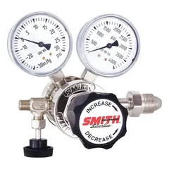 Two-stage high-purity regulator with CGA 580 inlet and 1/4" tube outlet. Stainless steel diaphragm. Output pressure up to 50 psig. Suitable for air and inert gas applications requiring contamination-free delivery.