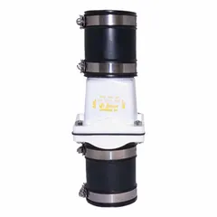 PVC swing check valve with inline valve body and clamp connection. Designed for pump discharge lines to prevent backflow. 2 in pipe size, full-flow design minimizes pressure drop. Suitable for water and mild chemical applications.
