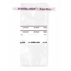 Sterile, clear polyethylene bag for chlorinated water sampling. Includes one tablet of 25 mg active sodium thiosulfate to neutralize chlorine. 4 fl oz (100 mL) capacity with Write-On labeling area. Meets HACCP standards. Used for microbiological sampling in water treatment and food processing environments.
