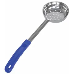 This portion control spoon has an 8 oz capacity and a perforated stainless steel bowl, allowing liquid to drain while serving solid foods. The blue handle and 15 in overall length provide a comfortable grip and reach. It is used in commercial kitchens for measuring and serving drained portions of pasta, vegetables, or fruit.
