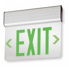 Surface-mount edge-lit exit sign with green LED illumination and silver aluminum housing. Features universal field selectable chevrons for directional flexibility. Suitable for commercial and industrial emergency egress applications.
