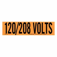 Self-stick vinyl markers for identifying 120/208-volt circuits on conduits or electrical panels. Each label measures 9 in wide by 2 1/4 in high with legend '120/208 Volts' in Style A. Pack of 25
