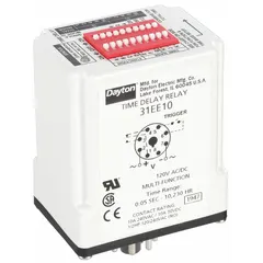 This socket-mounted relay with plug-in mounting provides a Watchdog delay function for monitoring periodic signals. It operates on 120V AC/DC input voltage and is rated for 10 A. The 8-pin terminal configuration allows integration into industrial control systems for timing and safety applications.