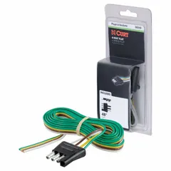 This 4-way flat connector links a tow vehicle's electrical system to a trailer's tail lights, turn signals, and brake lights. It features a rubber housing and 16-gauge wire, suitable for both trailer and tow vehicle applications. Commonly used on utility trailers, boat trailers, and small RVs.
