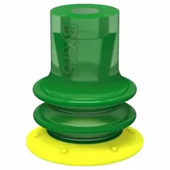 Multi-bellows vacuum pad assembly for automated pick-and-place handling of lightweight items such as cartons or plastic films. Polyurethane construction with 30A hardness provides gentle gripping. Pad diameter 16 mm, height 27 mm, yellow color. Type BX15P.