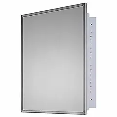 This mirrored medicine cabinet features a glass mirror set in a bright annealed stainless steel frame with a silver finish. It is designed for wall mounting in bathrooms or medical facilities to provide storage and a reflective surface for daily grooming tasks. Overall dimensions: 30 inches high by 24 inches wide.