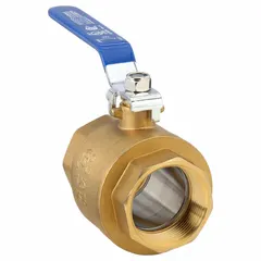 This two-piece brass ball valve features a straight body with 2 1/2 inch FNPT x FNPT connections and a lever handle for manual on/off flow control. Suitable for use in plumbing and industrial piping systems handling water, oil, or gas.