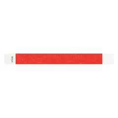 Tyvek wristband for single-use identification and access control. Red color for quick visual verification. Blank surface allows custom marking. 10 in overall length, 1 in overall width. Pack of 500.