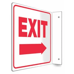 L-shaped projection exit sign with right arrow, 8 in x 8 in nominal size. Made of PETG with a non-retroreflective surface. Features mounting holes for secure installation on walls or ceilings. Used to indicate emergency exit routes in facilities.