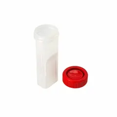 Staining jar made of polypropylene copolymer, with a height of 98 mm and width of 30 mm. Designed for use in histology and clinical laboratories for staining microscope slides, including PAP staining procedures. The material resists chemicals and repeated autoclaving.