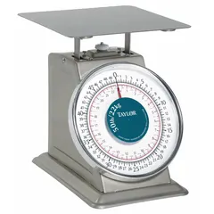 Mechanical dial-type food scale with an 8 3/4 in square weighing surface and 10 5/8 in overall height. Suitable for portion weighing in commercial kitchens, bakeries, and food processing areas.