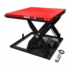 Fixed-top electric lift table with hydraulic operation. Platform length 48 in, load capacity 2000 lb, maximum lifting height 39 in. Powered by 115V AC. Used for positioning, assembly, and material handling tasks in industrial and warehouse settings.