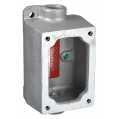 This 1-gang hazardous location electrical box is constructed of iron and features a feed-through hub type with a 3/4-inch hub size. The overall height is 6 13/16 inches. It is used for mounting and protecting wiring connections in environments where flammable gases or vapors may be present.