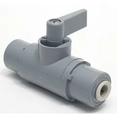 This manual two-way ball valve features a 3/8 in PVC body with a full-port ball port for minimal flow restriction. Straight configuration with push x push connections and a lever handle for on/off control. Suitable for low-pressure water, air, and chemical lines in plumbing and irrigation systems.