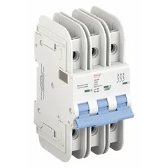 This 3-pole miniature circuit breaker features a C-curve trip characteristic for moderate inrush loads. Rated 20 A with a maximum AIR rating of 10kA at 480V AC, it uses lug terminal connections and is not rated for DC voltage. Suitable for overcurrent protection in industrial control panels, motor circuits, and branch circuits.