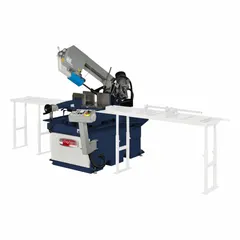 This mitering manual horizontal band saw cuts metal stock at adjustable angles from 0° to 60°. It handles workpieces up to 15-3/4 in by 12-1/4 in and offers blade speeds from 90 to 275 FPM. Powered by a 6.0 A, 1-phase, 220V motor, it is suited for fabrication and maintenance tasks requiring accurate miter cuts in pipes, bars, and profiles.