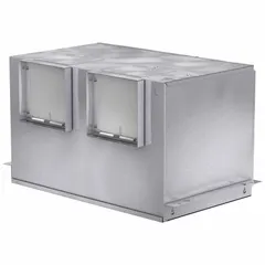 Square duct inline cabinet fan for ventilation systems requiring horizontal or vertical discharge. Operates on single-phase 115V AC power with one speed. Suitable for ceiling exhaust in commercial or industrial spaces.
