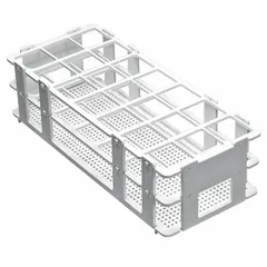 This polypropylene test tube rack is designed for benchtop use, providing 21 places for organizing and storing tubes during experiments or sample handling. The white rack measures 4 1/8 inches wide, 2 1/2 inches high, and 9 3/4 inches long.