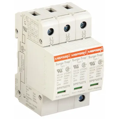 MERSEN Surge Protection Device: Three Phase, 240V AC Delta, 3 Poles, 4 Wires, L-G/L-L - DIN Rail Internal-Mount SPDs