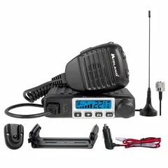 Vehicle-mounted analog GMRS radio with 15 watts of power and 15 channels. Features an alphanumeric display for easy channel identification. Requires an FCC license for operation. Suitable for mobile communication in outdoor and convoy settings.