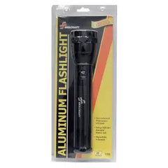 This portable flashlight features a black aluminum body and delivers 1,601 lumens with a 3-hour run time at maximum brightness. It offers two light outputs and requires 2 D batteries. Suitable for general-purpose illumination in industrial, maintenance, and emergency settings.