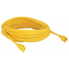 Indoor extension cord with a single outlet, 50 ft length, 14/3 SPT-3 wire, and NEMA 5-15P plug. Rated 125V AC, temperature range 32° to 167°F. Yellow jacket for visibility. Suitable for extending power to tools, appliances, or equipment in indoor settings such as workshops or maintenance areas.
