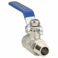 This manual two-way ball valve features a nickel-plated brass body with a 3/8 in straight configuration. It has male NPT x female NPT connections and a lever handle for on/off flow control in plumbing and industrial piping systems.