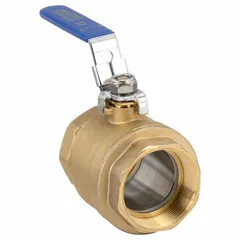 This two-way ball valve features a full-port brass body with female NPT threaded ends for straight-through flow control. The locking lever handle provides secure manual operation and visual position indication. Suitable for on/off service in water, oil, and gas piping systems where minimal pressure drop is required.