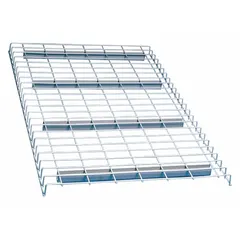 This wire pallet rack decking is constructed from 14 ga steel with a powder-coated gray finish. It features a standard wire decking style with a waterfall edge, measuring 46 in x 48 in. The waterfall edge facilitates hand-loading and unloading of palletized loads in industrial storage applications.