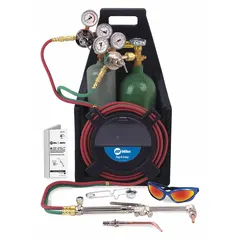 This portable outfit includes acetylene tanks and a regulator with a CGA 200 fuel connection, designed for brazing, cutting, and welding applications. Suitable for on-site maintenance, fabrication, and repair tasks in metalworking and construction environments.
