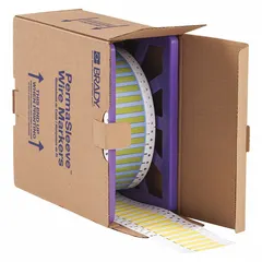 Polyolefin sleeve label in yellow matte finish, measuring 3/16 in x 2 in. Designed for wire gauges from 10 AWG to 20 AWG. Compatible with i7100 printer series for on-demand wire identification and marking in panel building, electrical maintenance, and industrial cable labeling.