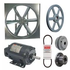 Unassembled belt-drive panel supply fan with a 48-inch blade and open dripproof motor. Delivers 24,981 cfm at 208-230/460V AC three-phase power. Suitable for general ventilation and make-up air in industrial facilities, moving large air volumes through ducted or open systems.