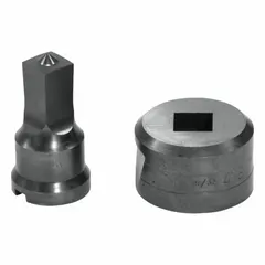 Square punch and die set producing 9/16-inch square holes. Compatible with 55, 65, 100, and 120 ton ironworkers. Used for punching square holes in metal workpieces in structural steel fabrication and general metalworking.
