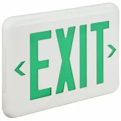 Plastic LED exit sign with emergency battery backup for egress illumination. Operates on 120/277 V AC, white housing, green text, and universal field selectable chevrons. Includes self-diagnostics; not remote capable. Suitable for ceiling, end, or wall mounting with one or two faces.