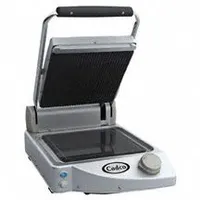 The CADCO CPG-10 is a single panini press with a glass-ceramic cooking surface measuring 13 inches wide. Operating at 120V, it is designed for grilling panini, sandwiches, and flatbreads in commercial kitchen environments