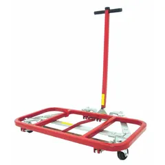 This lift-and-roll desk dolly is designed for moving heavy furniture, equipment, and machinery. It features a silver finish, four swivel casters with rubber treads, and a 600 lb capacity. Dimensions: 35 in height, 46 in width, 23 in depth.