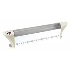 Portable electric baseboard heater with 1500W output and 5118 BtuH heating capacity. Operates on 120V AC with a 1-15P plug. Features overheat protection and programmable settings. Gray housing, dimensions 38-7/8 x 9-1/16 x 5-1/16 inches. Suitable for supplemental heating in rooms with a standard outlet.