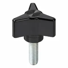 This DAVIES 3-arm knob features a threaded stud for secure mounting. Made of black thermoset material with a 1.5 in diameter and 5/16"-18 thread, it is suited for manual adjustment and clamping on industrial machinery, valves, and control panels.