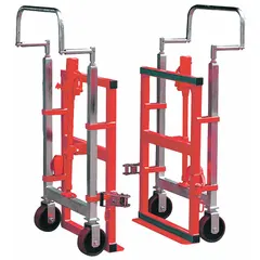 This hydraulic-lift mover features a full-length nose plate for positioning under machinery and equipment. With a 12 in max lift and flow-back handle, it is suited for lifting and relocating heavy loads in industrial settings. Includes straps for securing the load during transport.