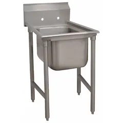 This ADVANCE TABCO sink is a one-bowl freestanding unit designed for kitchen and bar use. It measures 42 inches in overall height, 33 inches in overall length, and 31 inches in overall width. The sink does not include a faucet. Typical applications include commercial kitchens and bars for heavy-duty washing tasks.