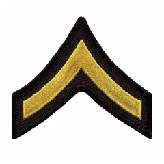 Rank insignia patch for Private First Class (PFC). Measures 3 inches, features a Black/Gold color scheme, and is constructed from plastic. Supplied as a single piece. Used on military or uniform apparel to denote rank.