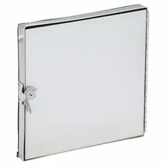 Rectangular flat access door for HVAC ductwork, constructed from 24 ga steel with fiberglass insulation. Features a single cam latch and tab-in hinge for secure closure. Includes a 12 in observation port height. Provides entry for inspection, cleaning, and maintenance of rectangular ducts.