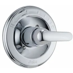 This chrome-finished plastic circle trim plate is designed for use with the MultiChoice Universal Valve. It serves as a trim kit for tub and shower installations, providing a circular aesthetic to complete the valve system.