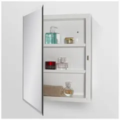 This KETCHAM mirrored medicine cabinet is designed for recessed installation in bathroom walls. It features a beveled-edge acrylic mirror and glass construction, providing a clean appearance for storage and grooming. Overall height is 20 inches, overall width is 16 inches.