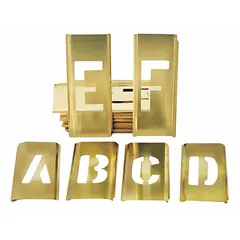 Brass interlocking stencil set for marking and labeling equipment, bins, panels, and tools. Includes characters 0 to 9, A to Z, ampersand (&), apostrophe ('), comma (,), and period (.), plus two spacers. Horizontal interlocking orientation for clear identification.