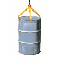 Steel drum lifting hook with three rim grip points for handling 55-gallon plastic, fiber, or metal drums. Yellow finish. Rated for 800 lb capacity. Used in material handling and warehousing for lifting and moving drums by the rim.