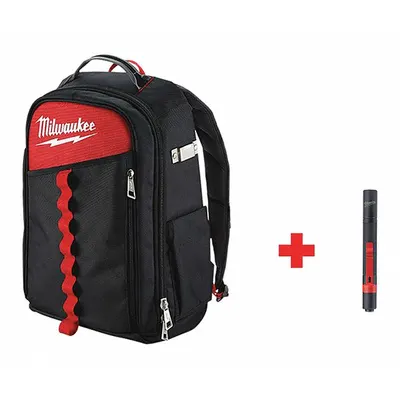 MILWAUKEE Tool Backpack: 14 in W 18 in H, Polyester, Black/Red, 18 Inside Pockets - Polyester Tool Backpacks