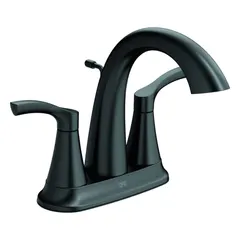 Centerset bathroom faucet with metal construction and matte black finish. Features an arc spout and lever handle with IPS connections. Includes aerator kit; flow rate 1.2 gpm. Suitable for residential and light-commercial sink installations.