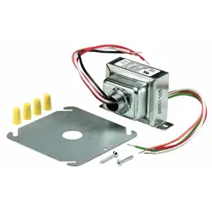Open Class 2 transformer with foot mounting. Input voltage 240V AC; output voltage 2.5V AC. Wire lead connections on primary and secondary. Commonly used to step down line voltage for low-voltage control circuits in HVAC and industrial equipment.
