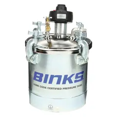 Steel paint pressure tank with 2.8 gal capacity. Equipped with a direct drive agitator and one regulator. Includes hinge pin. Used in industrial finishing and coating applications to supply paint or fluids to spray guns at consistent pressure.
